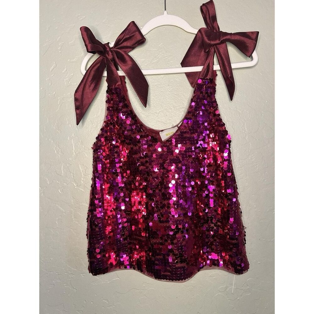 Maeve Women's small Pink bow sequin Blouse party clothes